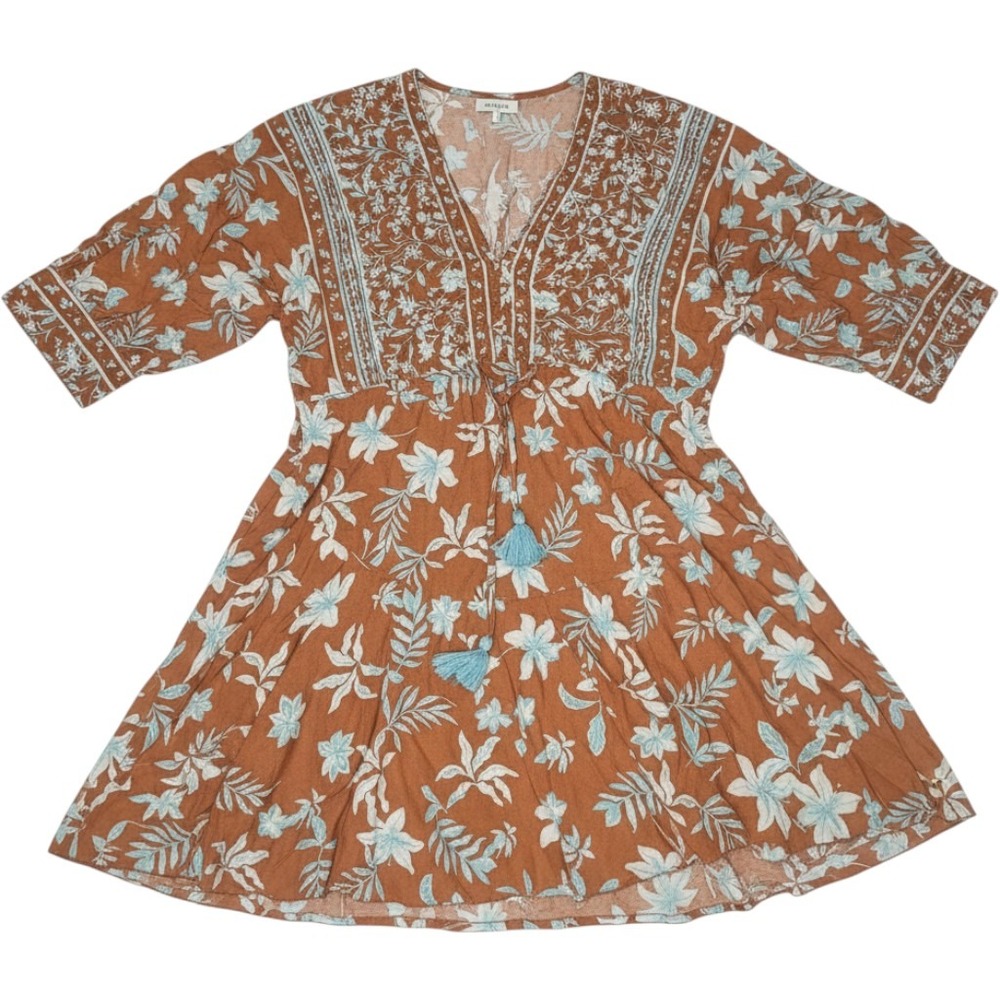 Baltic Born Adria Mini Dress Camel Blue Floral Boho Tassel V-Neck S NEW